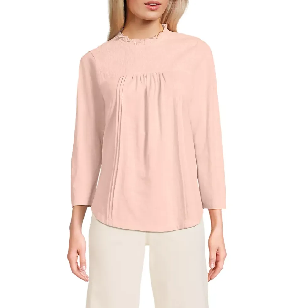 Women's 3/4 Sleeve Cotton Slub Lace Trim Top