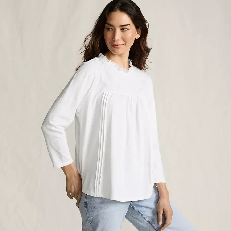 Women's 3/4 Sleeve Cotton Slub Lace Trim Top