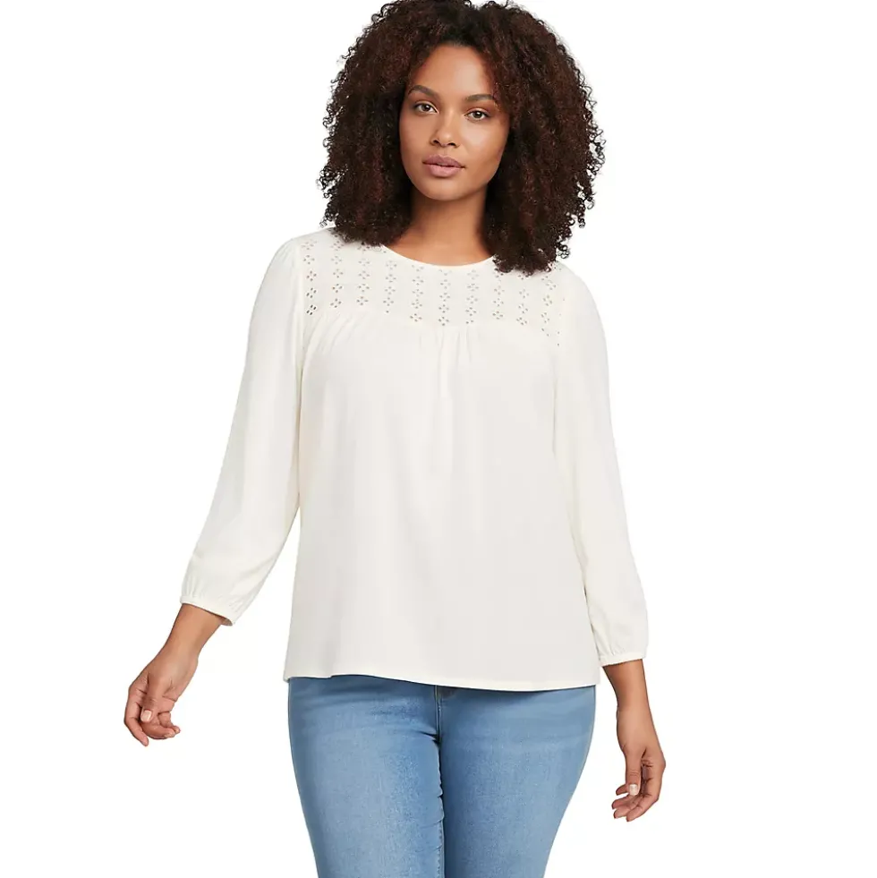Women's 3/4 Sleeve Eyelet Mix Flowy Top