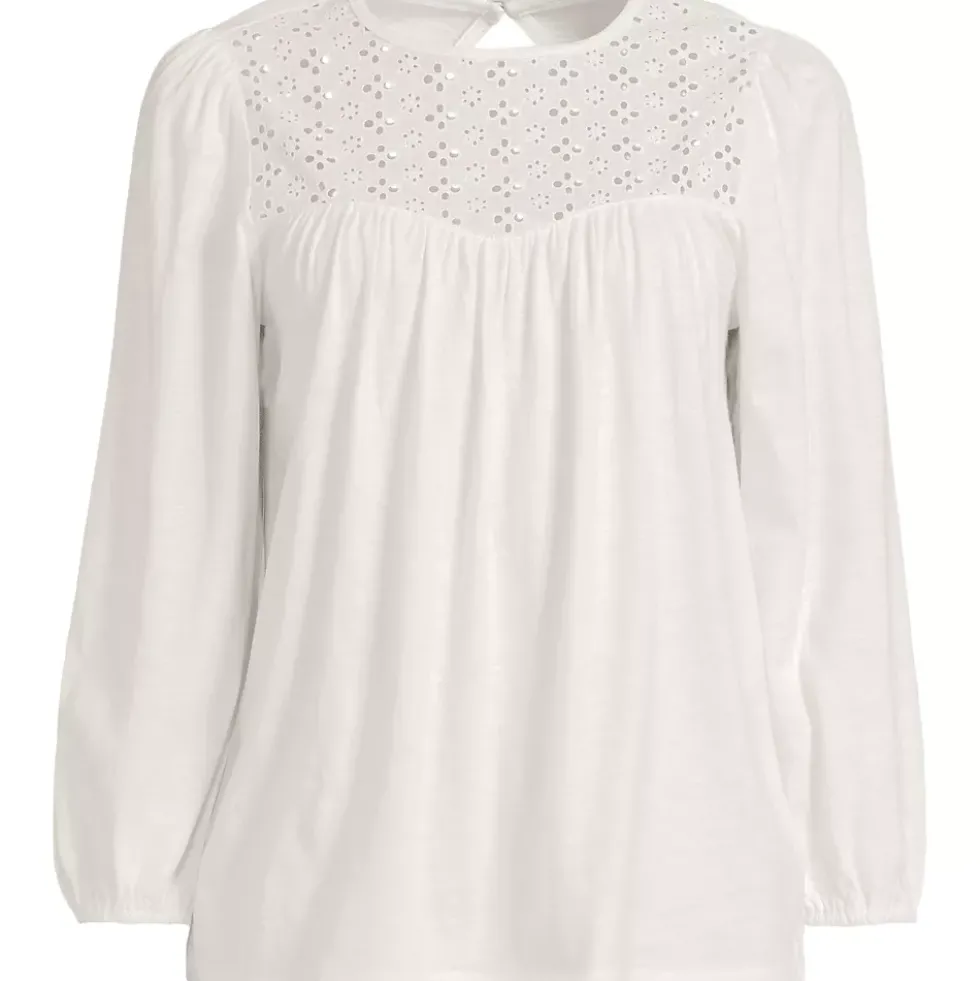 Women's 3/4 Sleeve Eyelet Mix Flowy Top
