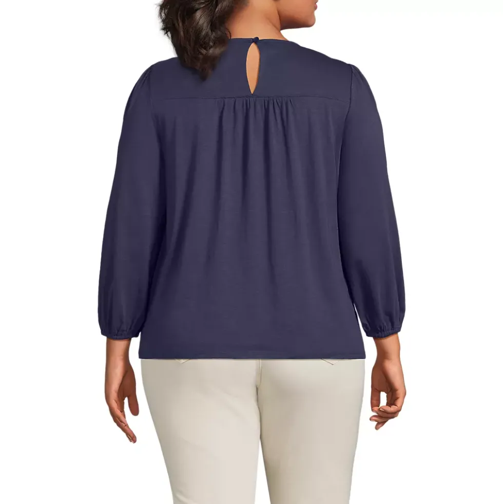 Women's 3/4 Sleeve Eyelet Mix Flowy Top