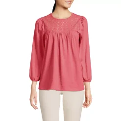 Women's 3/4 Sleeve Eyelet Mix Flowy Top