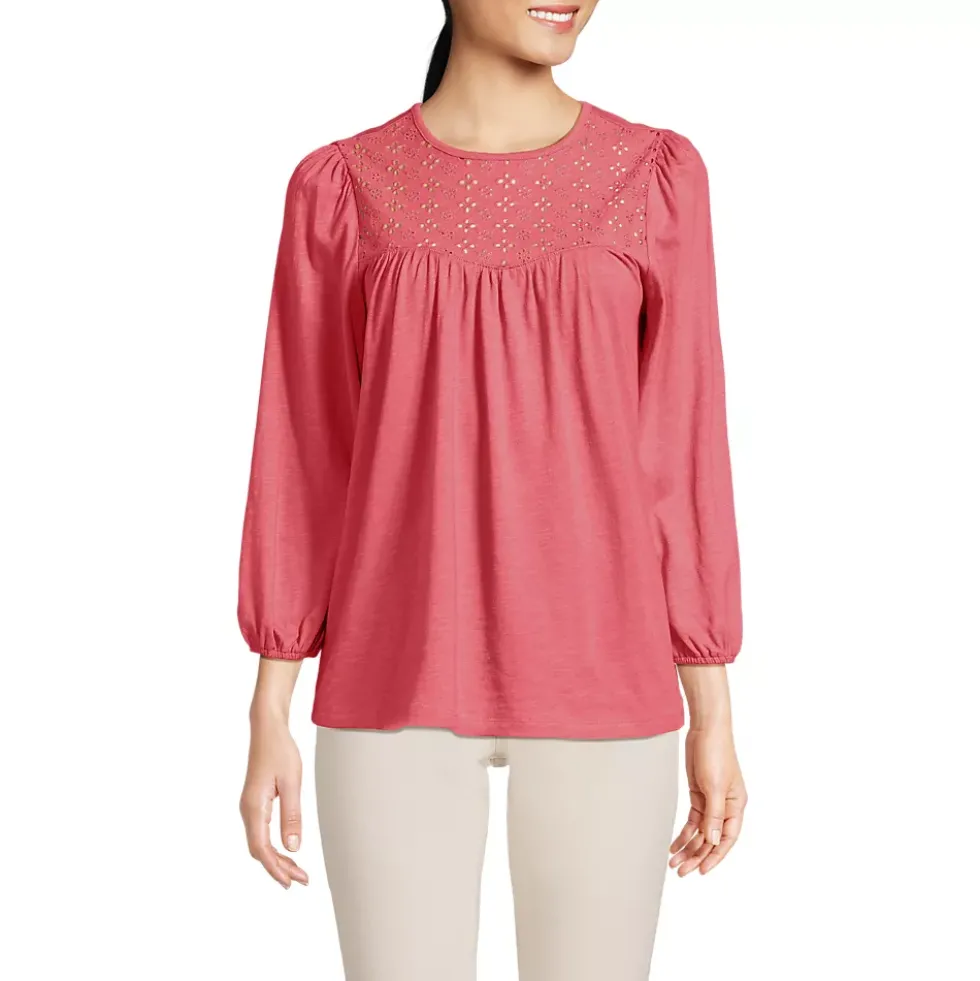Women's 3/4 Sleeve Eyelet Mix Flowy Top