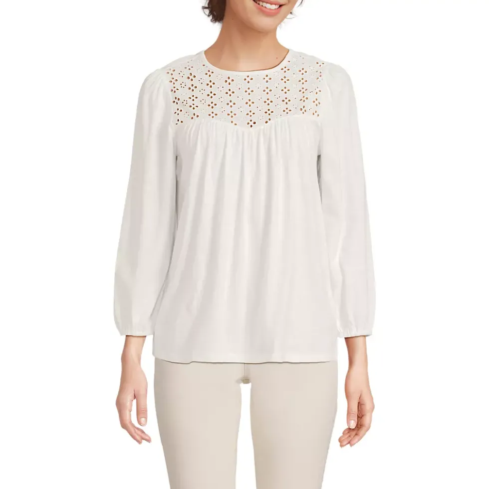 Women's 3/4 Sleeve Eyelet Mix Flowy Top