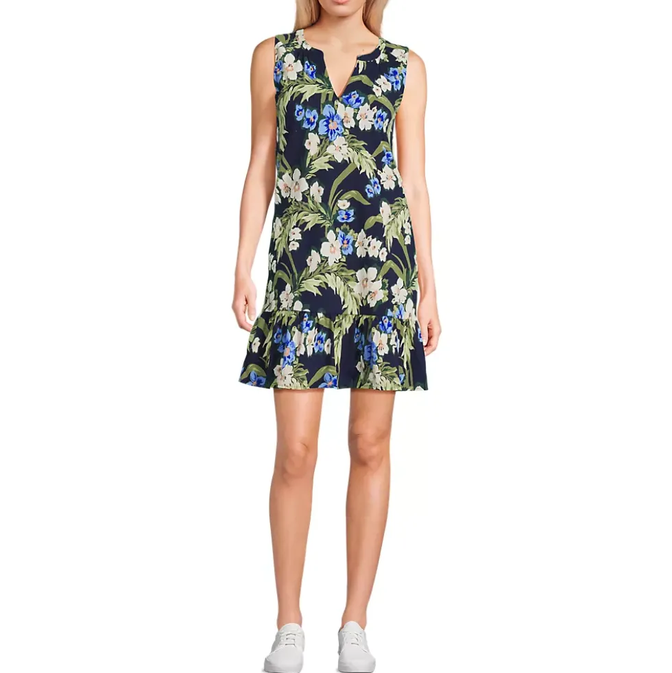 Women's Sleeveless Cotton Jersey Notch Neck Flounce Dress