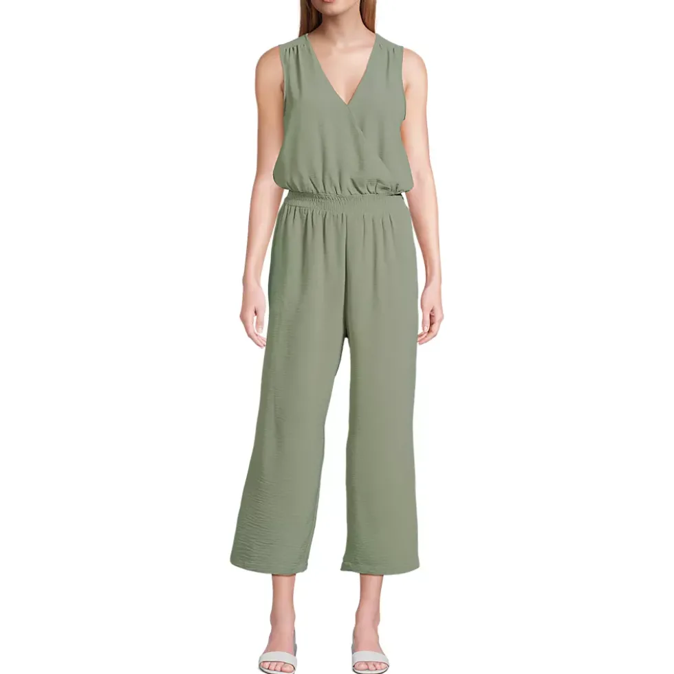 Women's Sleeveless Creaseless Wrap Jumpsuit with Smocked Waist