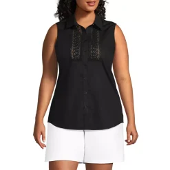 Women's Sleeveless No Iron Shirt with Lace Inset