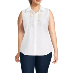 Women's Sleeveless No Iron Shirt with Lace Inset