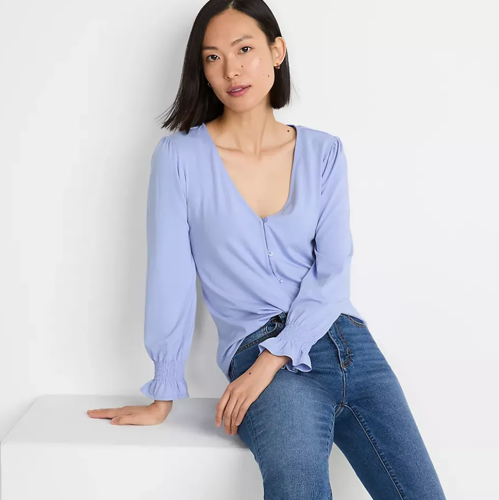 Women's 3/4 Sleeve Lightweight Jersey Button Front Top