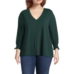Women's 3/4 Sleeve Lightweight Jersey Button Front Top