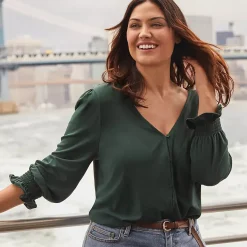 Women's 3/4 Sleeve Lightweight Jersey Button Front Top