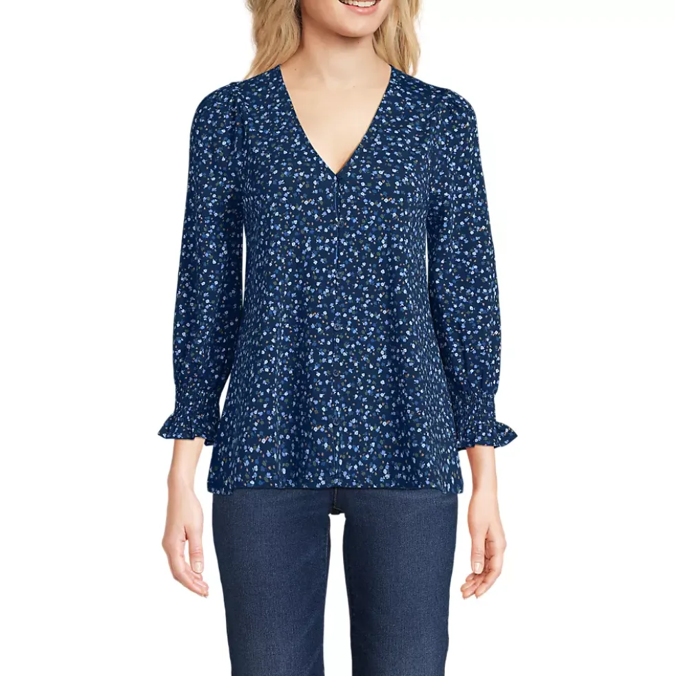 Women's 3/4 Sleeve Lightweight Jersey Button Front Top