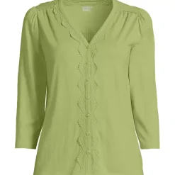 Women's 3/4 Sleeve Slub V-neck Lace Trim Top