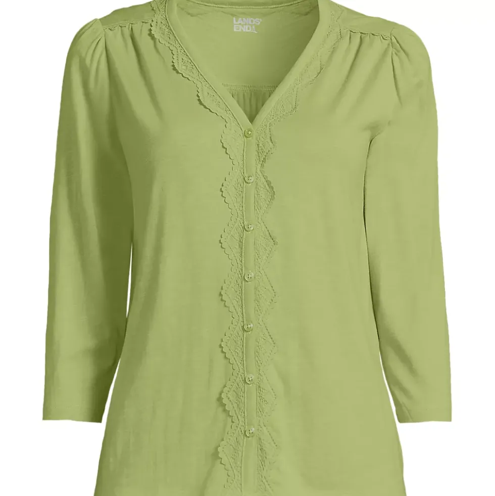 Women's 3/4 Sleeve Slub V-neck Lace Trim Top
