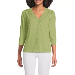 Women's 3/4 Sleeve Slub V-neck Lace Trim Top