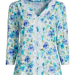 Women's 3/4 Sleeve Slub V-neck Lace Trim Top