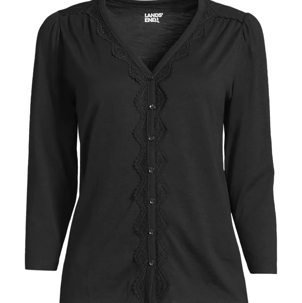 Women's 3/4 Sleeve Slub V-neck Lace Trim Top