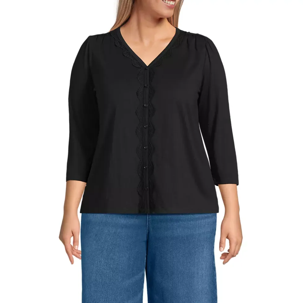 Women's 3/4 Sleeve Slub V-neck Lace Trim Top