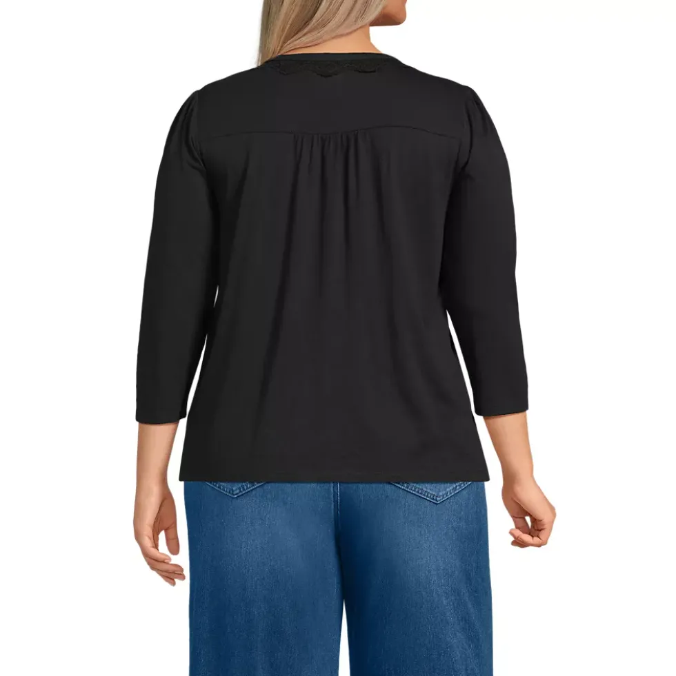 Women's 3/4 Sleeve Slub V-neck Lace Trim Top