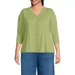 Women's 3/4 Sleeve Slub V-neck Lace Trim Top