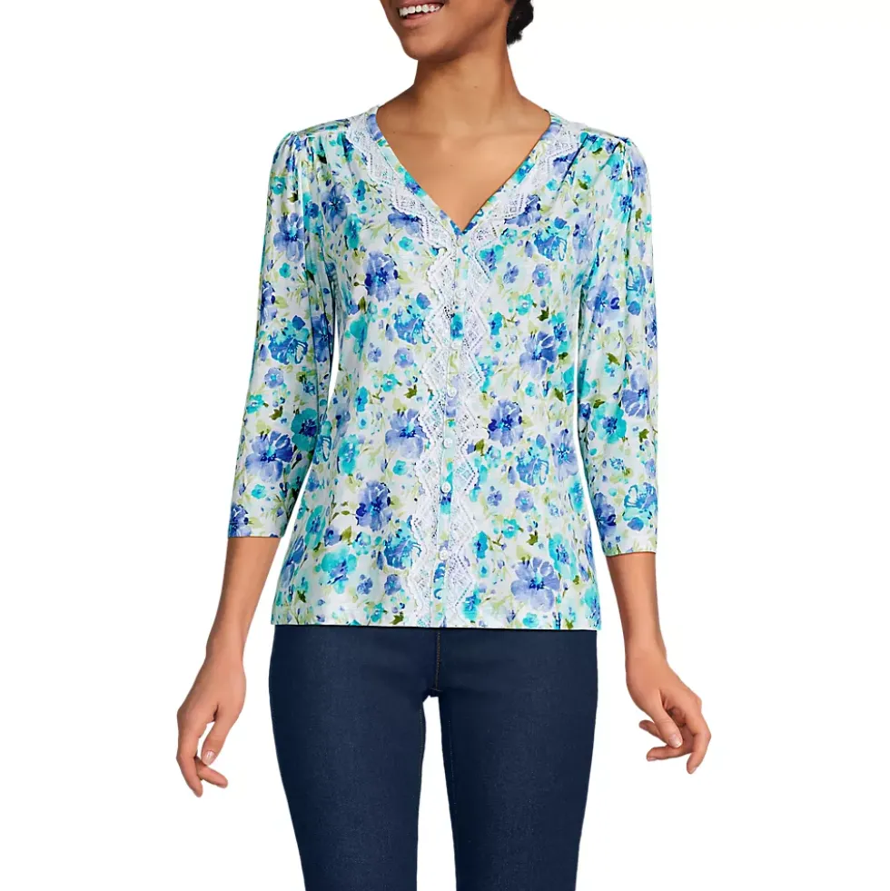 Women's 3/4 Sleeve Slub V-neck Lace Trim Top