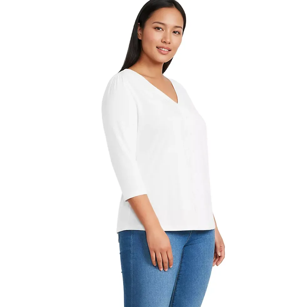 Women's 3/4 Sleeve Slub V-neck Lace Trim Top