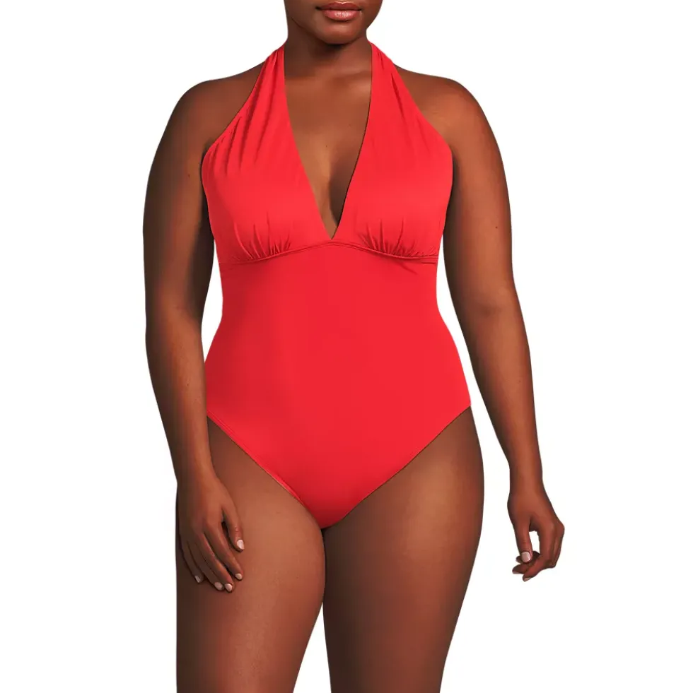 Women's SlenderSuit Halter Ruched Plunge High Leg One Piece Swimsuit