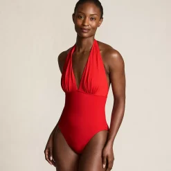 Women's SlenderSuit Halter Ruched Plunge High Leg One Piece Swimsuit