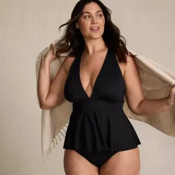 Women's SlenderSuit Plunge Ruched X-Back Ruffle Fauxkini One Piece Swimsuit