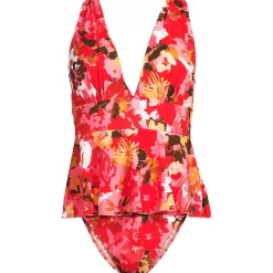 Women's SlenderSuit Plunge Ruched X-Back Ruffle Fauxkini One Piece Swimsuit