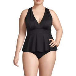 Women's SlenderSuit Plunge Ruched X-Back Ruffle Fauxkini One Piece Swimsuit