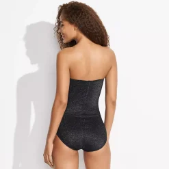 Women's Slender Suit Shine Bandeau Tummy Control High Leg One Piece Swimsuit