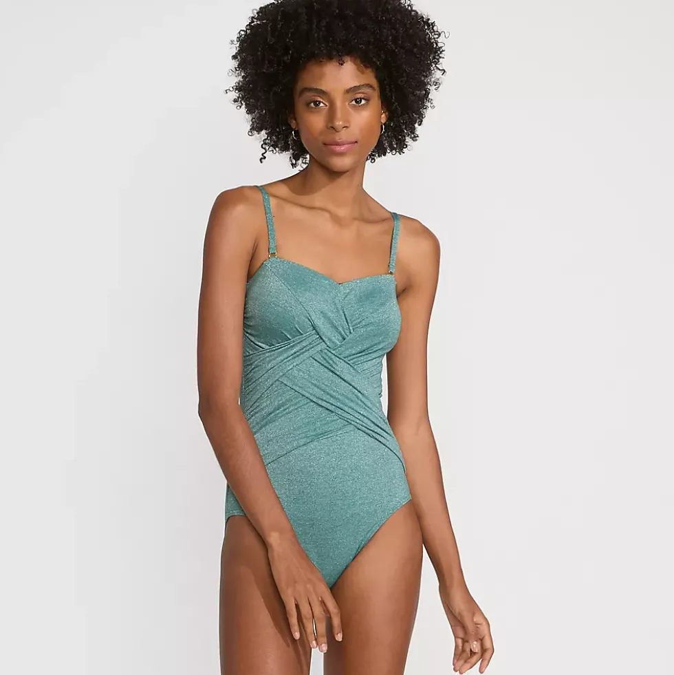 Women's Slender Suit Shine Bandeau Tummy Control High Leg One Piece Swimsuit