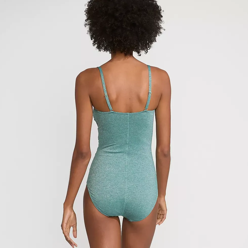 Women's Slender Suit Shine Bandeau Tummy Control High Leg One Piece Swimsuit