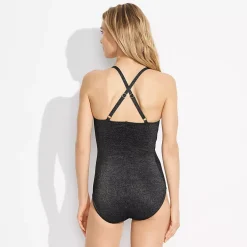 Women's Slender Suit Shine Pleated Tummy Control Chlorine Resistant X-back One Piece Swimsuit