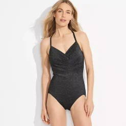 Women's Slender Suit Shine Pleated Tummy Control Chlorine Resistant X-back One Piece Swimsuit