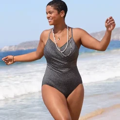 Women's Slender Suit Shine Pleated Tummy Control Chlorine Resistant X-back One Piece Swimsuit