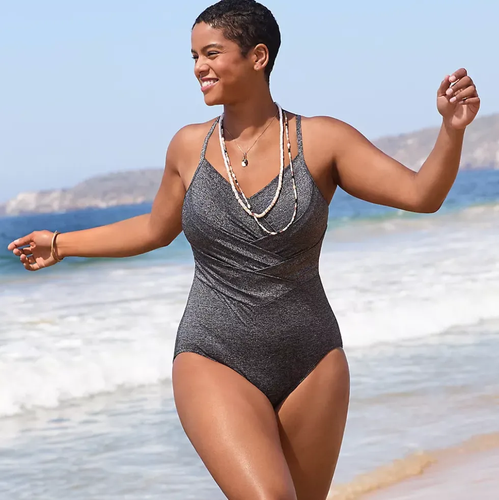 Women's Slender Suit Shine Pleated Tummy Control Chlorine Resistant X-back One Piece Swimsuit