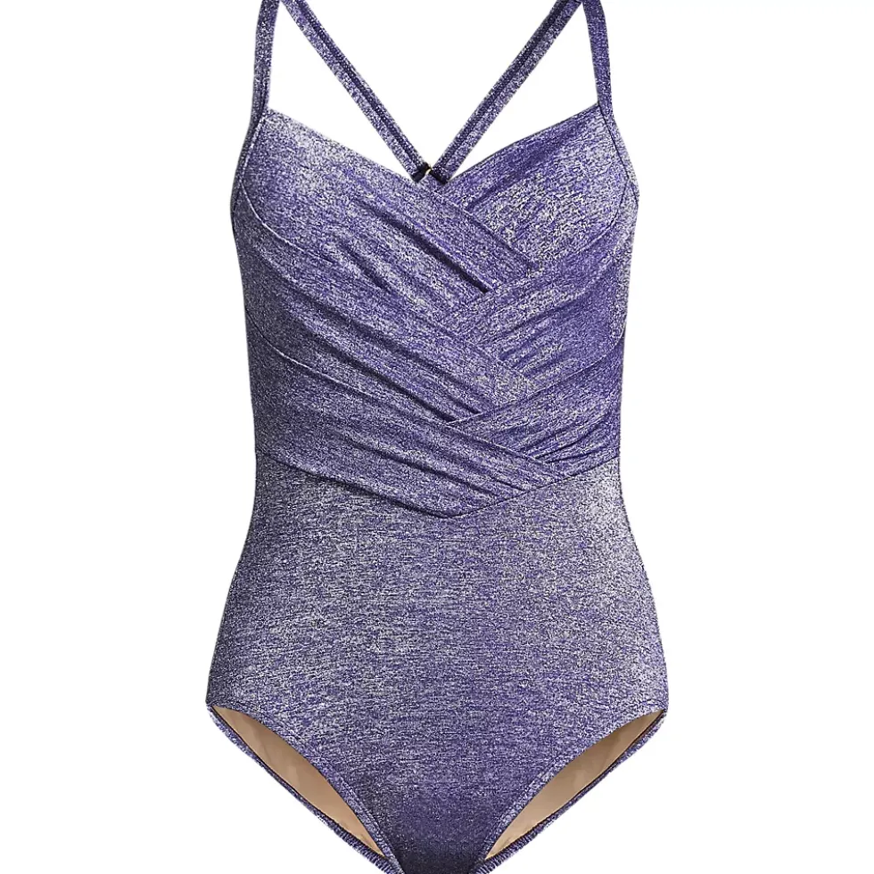 Women's Slender Suit Shine Pleated Tummy Control Chlorine Resistant X-back One Piece Swimsuit