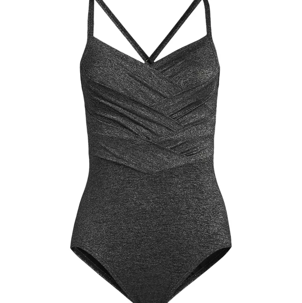 Women's Slender Suit Shine Pleated Tummy Control Chlorine Resistant X-back One Piece Swimsuit
