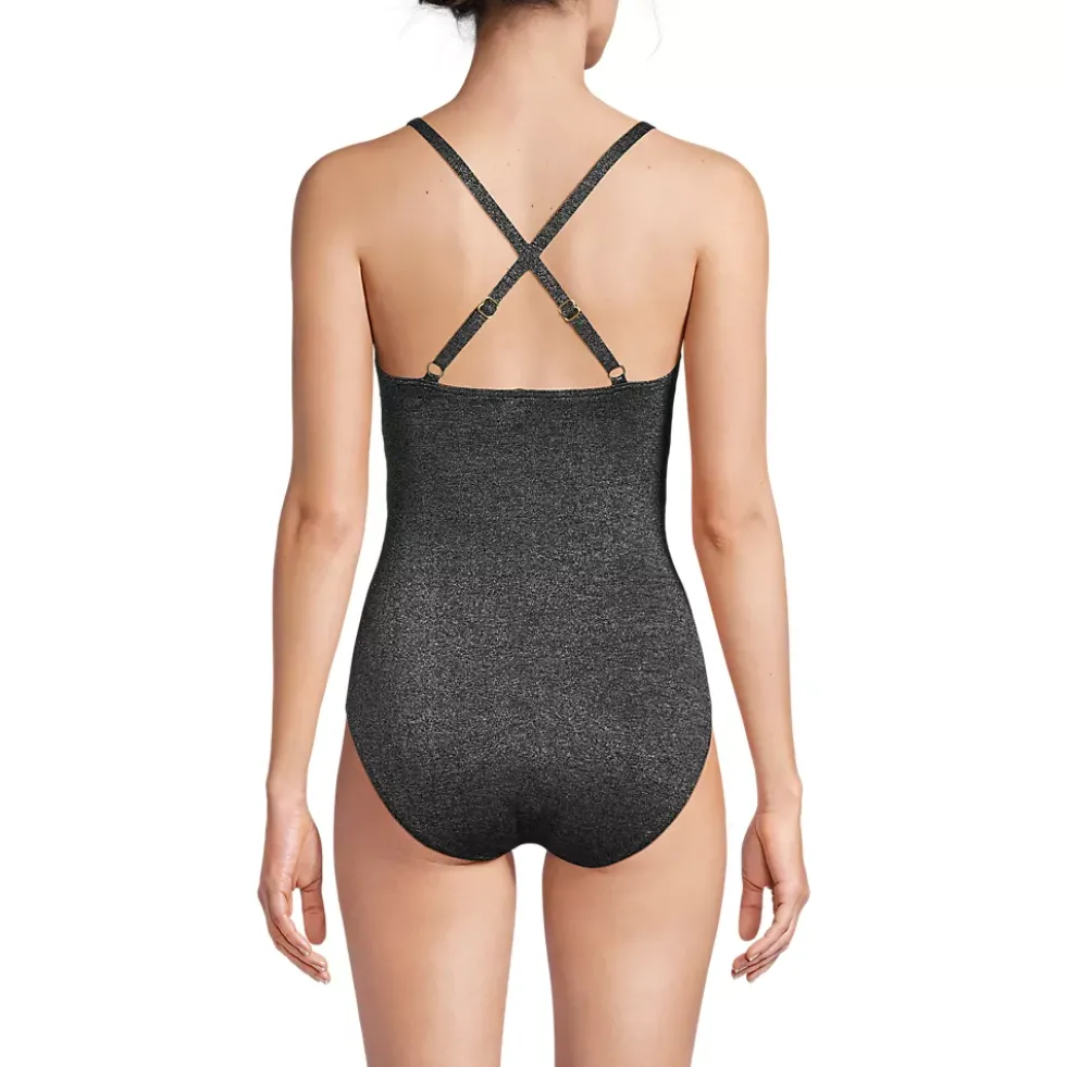 Women's Slender Suit Shine Pleated Tummy Control Chlorine Resistant X-back One Piece Swimsuit