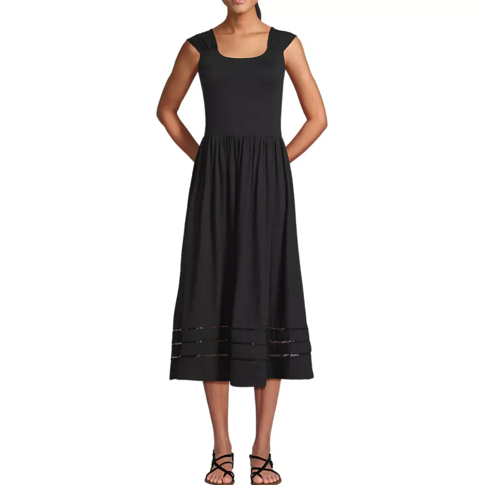 Women's Slub Cap Sleeve Shirred Skirt Midi Dress