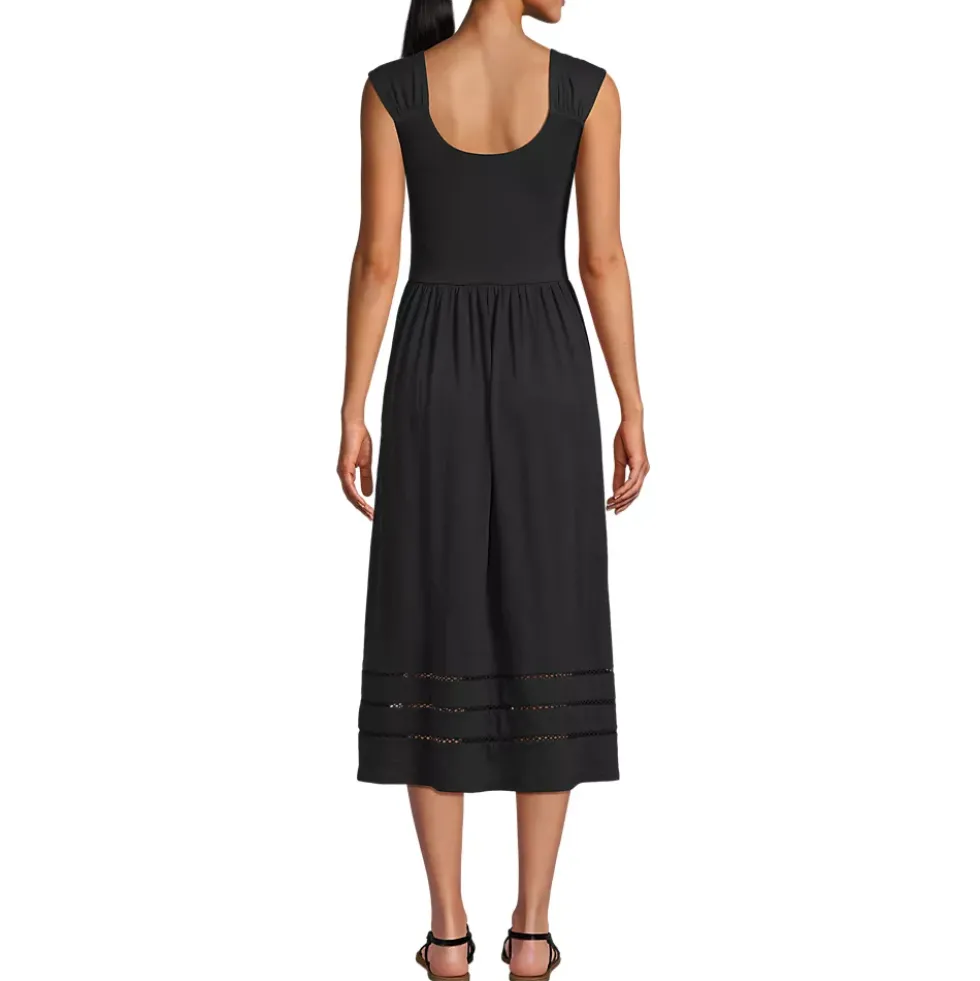 Women's Slub Cap Sleeve Shirred Skirt Midi Dress