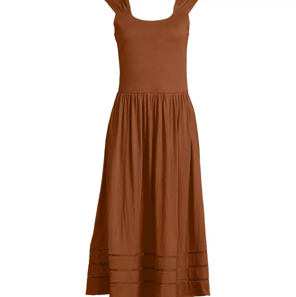 Women's Slub Cap Sleeve Shirred Skirt Midi Dress