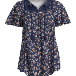 Women's Slub Flutter Sleeve Lace Trim Notch Neck Tunic Top