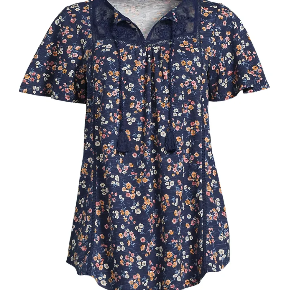 Women's Slub Flutter Sleeve Lace Trim Notch Neck Tunic Top