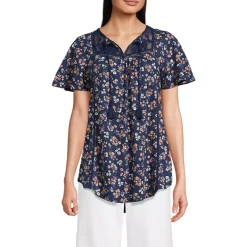 Women's Slub Flutter Sleeve Lace Trim Notch Neck Tunic Top