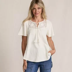 Women's Slub Flutter Sleeve Lace Trim Notch Neck Tunic Top