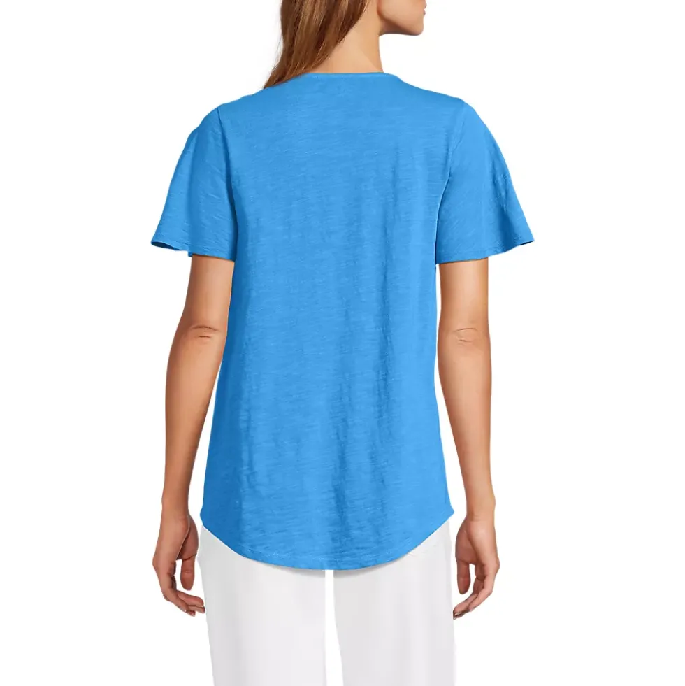 Women's Slub Flutter Sleeve Lace Trim Notch Neck Tunic Top