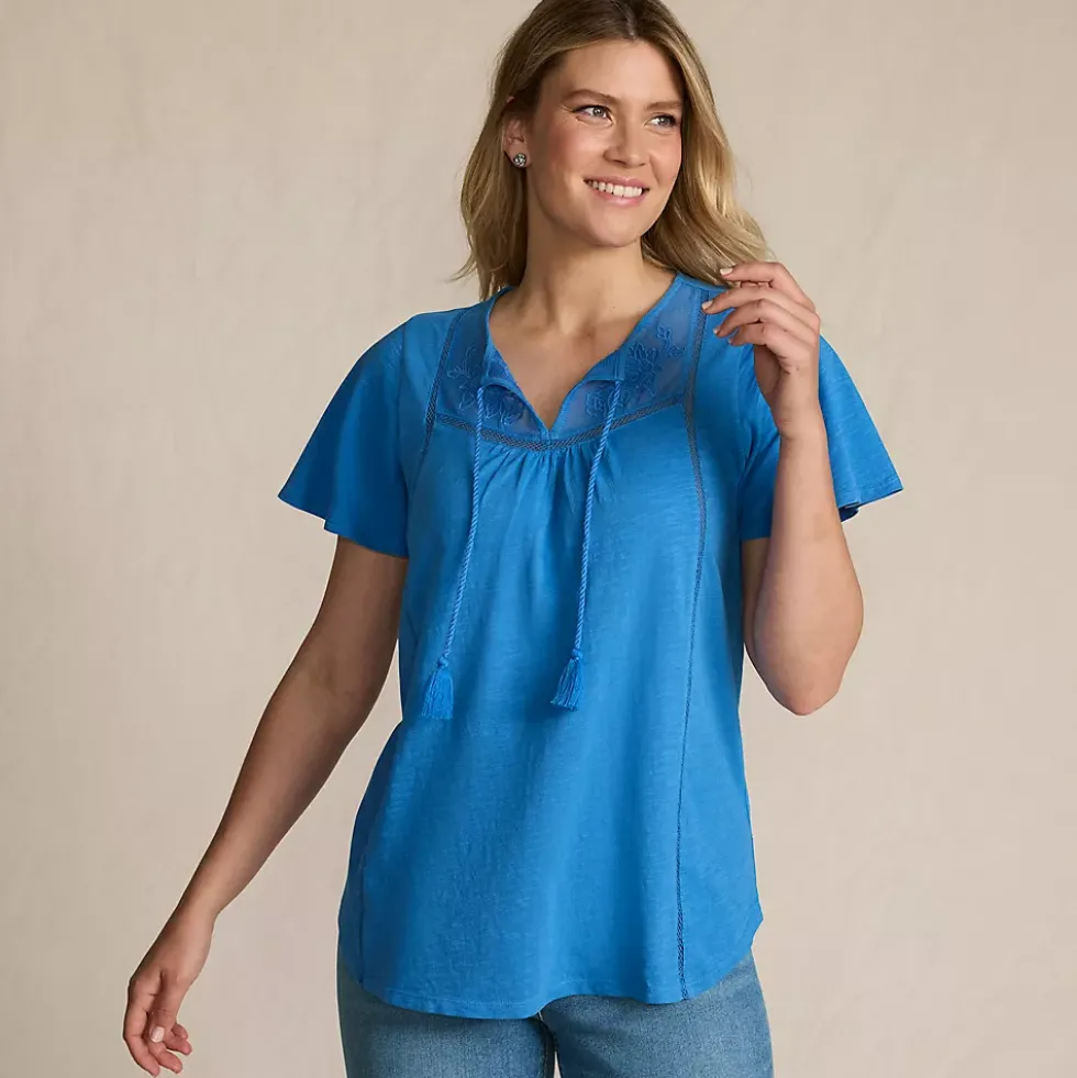 Women's Slub Flutter Sleeve Lace Trim Notch Neck Tunic Top